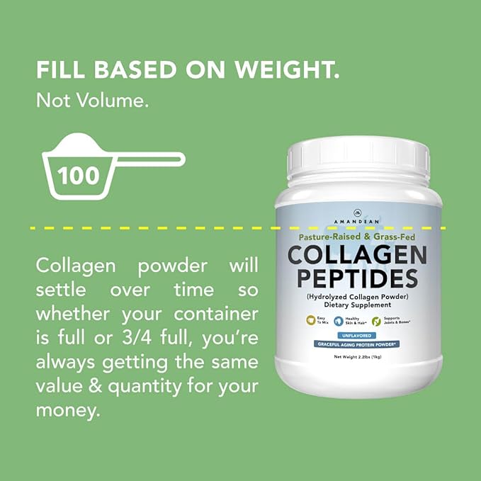 AMANDEAN Collagen Peptides Powder 1kg. Grass-Fed, Enzymatically Hydrolyzed, Type 1 & 3. Agglomerated, Easy to Mix, Unflavored, Non-GMO. Protein with 18 Amino Acids for Healthy Skin, Hair, Nails.