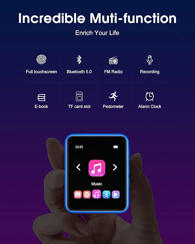 MP3 Player with Bluetooth 5.0 Portable HiFi Lossless Sound MP3 Music Player and FM Radio Recorder E-Book 2.4 inch Screen Maximum Support 128GB(Blue)