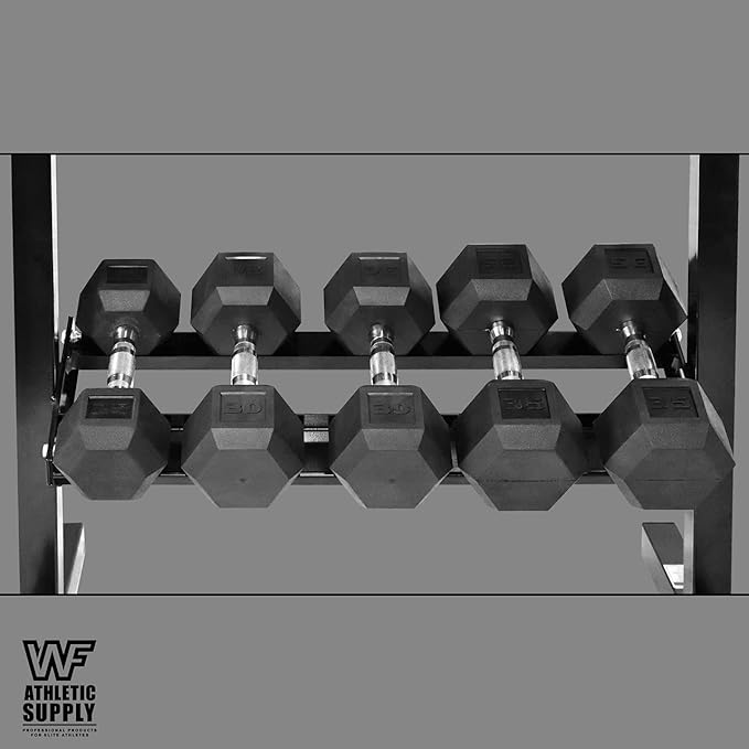 WF Athletic Supply Rubber Coated Hex Dumbbell Set with Two Tier Premium Storage Rack Built for Strength Building, Weight Loss & Home Gym β Multiple Sets Available