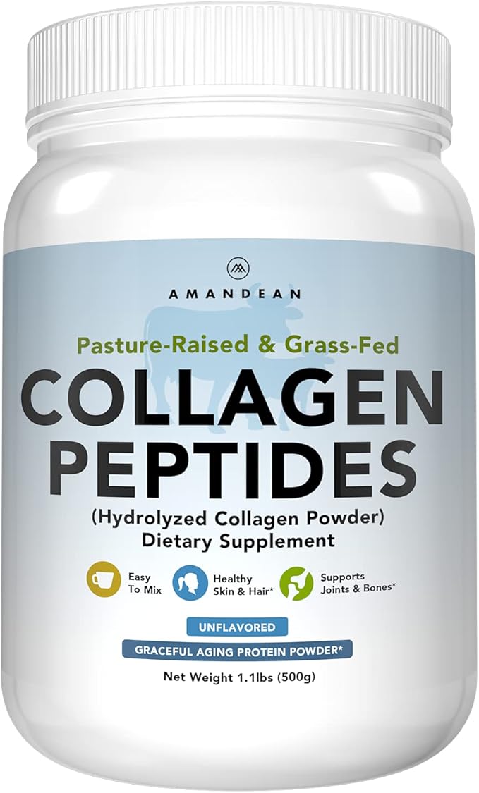 AMANDEAN Collagen Peptides Powder (17.6oz). Grass-Fed Hydrolyzed Protein Supplement. Promotes Healthy Joints, Skin, Hair, Nails. Unflavored & Easy to Mix.