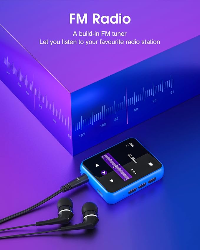 MP3 Player with Bluetooth 5.0 Portable HiFi Lossless Sound MP3 Music Player and FM Radio Recorder E-Book 2.4 inch Screen Maximum Support 128GB(Blue)