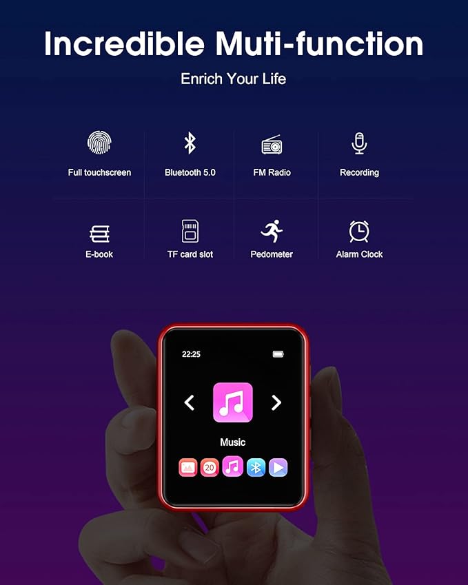 MP3 Player Bluetooth 5.3 Full Touch Screen Color Screen Mini MP3 Player, HiFi Lossless Music Player with Speakers, FM Radio, Recording, Support up to 128GB (red)