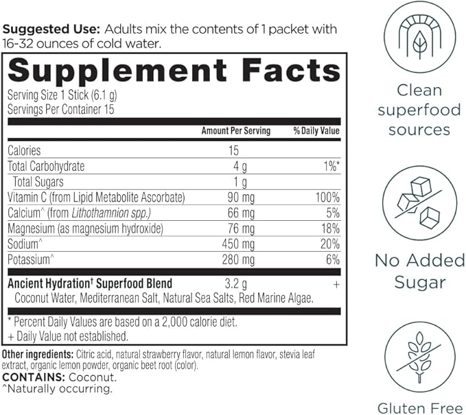 Ancient Nutrition Rapid Hydration Powder, Strawberry Lemonade, Electrolytes from Natural Sea Salts and Red Marine Algae, Supports Rapid Body Hydration and Cellular Health, 15 Servings