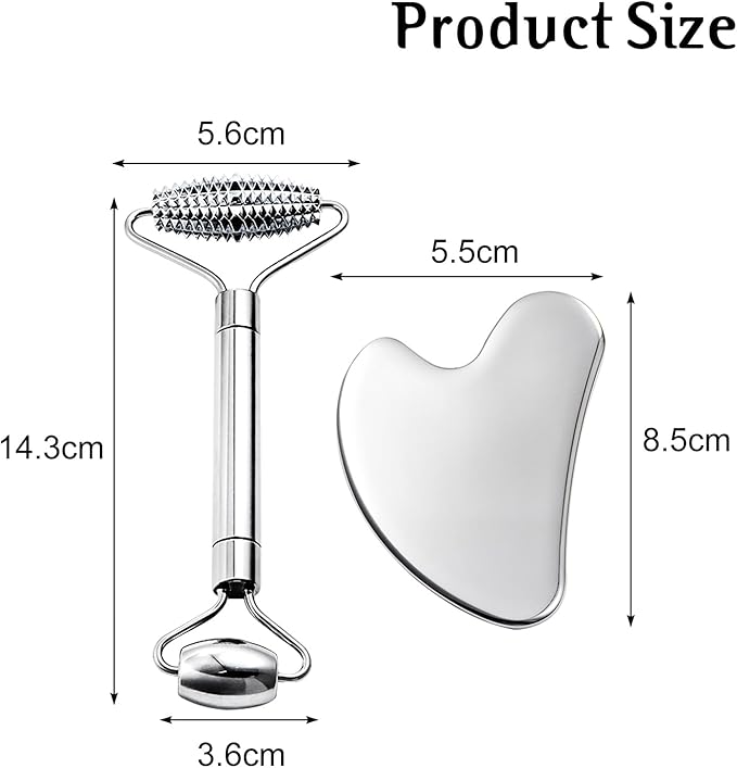 Gua Sha Facial Tools and Face Roller Set, Lymphatic Drainage Massager,Stainless Steel Facial Sculpting Eyes Roller Guasha for Face, Chin & Jawline Sculpting,Skin Care