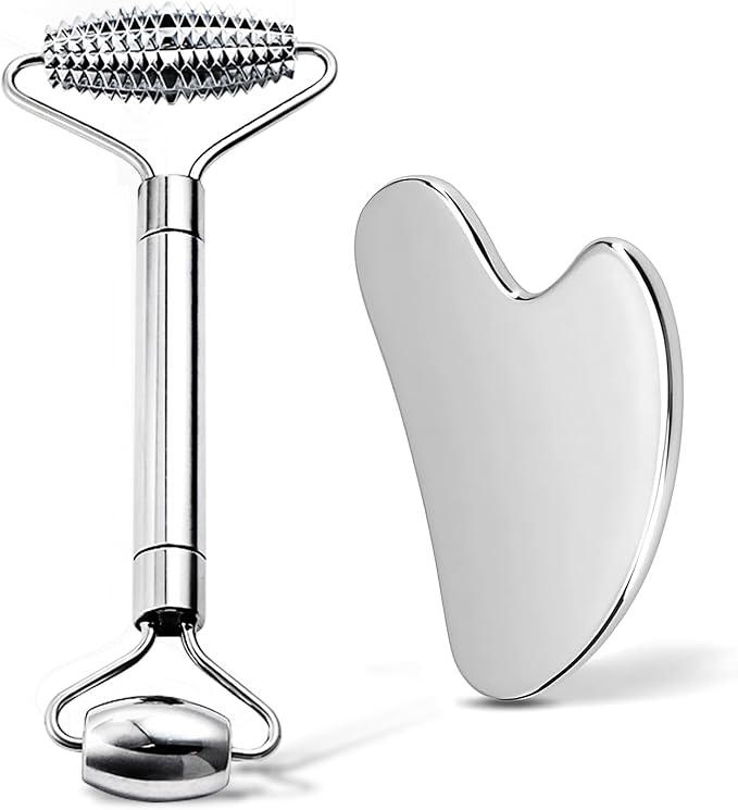 Gua Sha Facial Tools and Face Roller Set, Lymphatic Drainage Massager,Stainless Steel Facial Sculpting Eyes Roller Guasha for Face, Chin & Jawline Sculpting,Skin Care