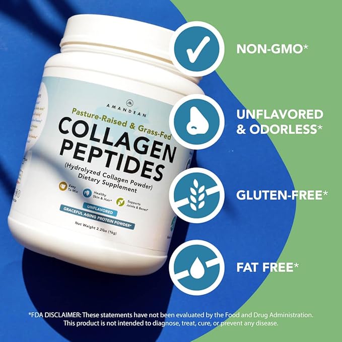 AMANDEAN Collagen Peptides Powder 1kg. Grass-Fed, Enzymatically Hydrolyzed, Type 1 & 3. Agglomerated, Easy to Mix, Unflavored, Non-GMO. Protein with 18 Amino Acids for Healthy Skin, Hair, Nails.