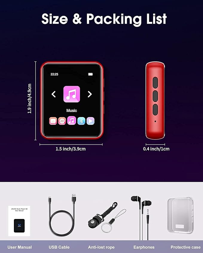 MP3 Player Bluetooth 5.3 Full Touch Screen Color Screen Mini MP3 Player, HiFi Lossless Music Player with Speakers, FM Radio, Recording, Support up to 128GB (red)