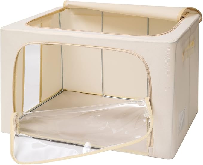 3Pack Frame Storage Box - Clothes Storage Bin Bags Oxford Fabric Foldable Stackable Container Organizer Set with Clear Window & Carry Handles (Beige, X-Small-36L)