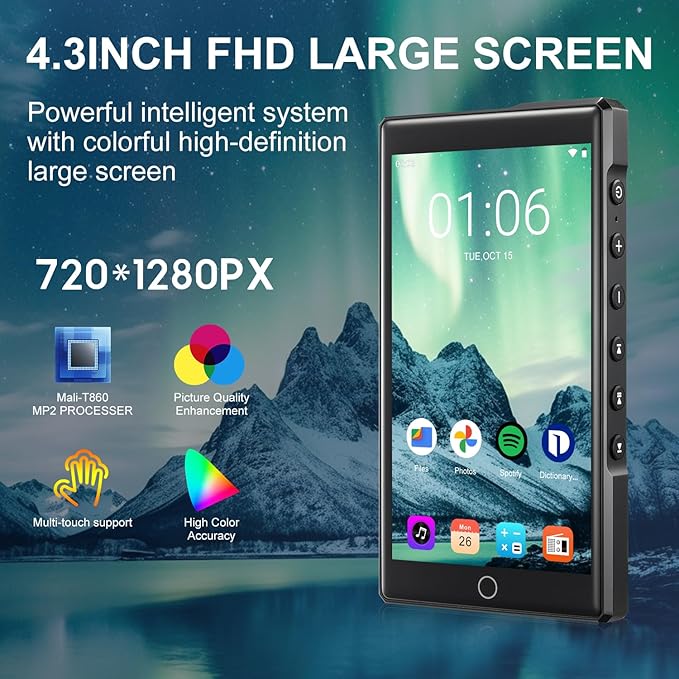 MP3 Player with Bluetooth and WiFi, C4 PRO HiFi MP3 Player 4.3" FHD Zinc Alloy Panel Touch Screen, MP4 Players,Music Player with Spotify,Pandora,Amazon Music(Black,80GB)
