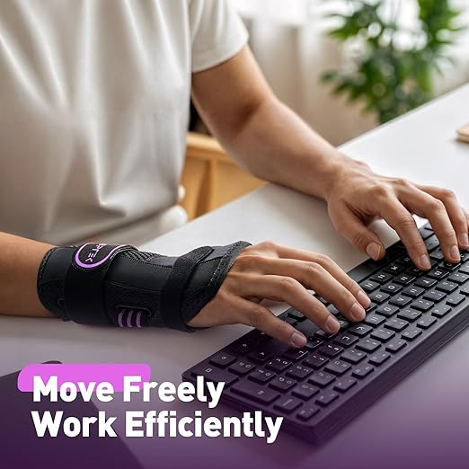 AGPTEK Carpal Tunnel Wrist Brace for Men Women, Night Sleeping Wrist Support with 2 Splints, Pain Relief Hand Brace for Arthritis Sprains Tendonitis, Adjustable Wrist Splint for Left Hand (L/XL, Black & Purple)