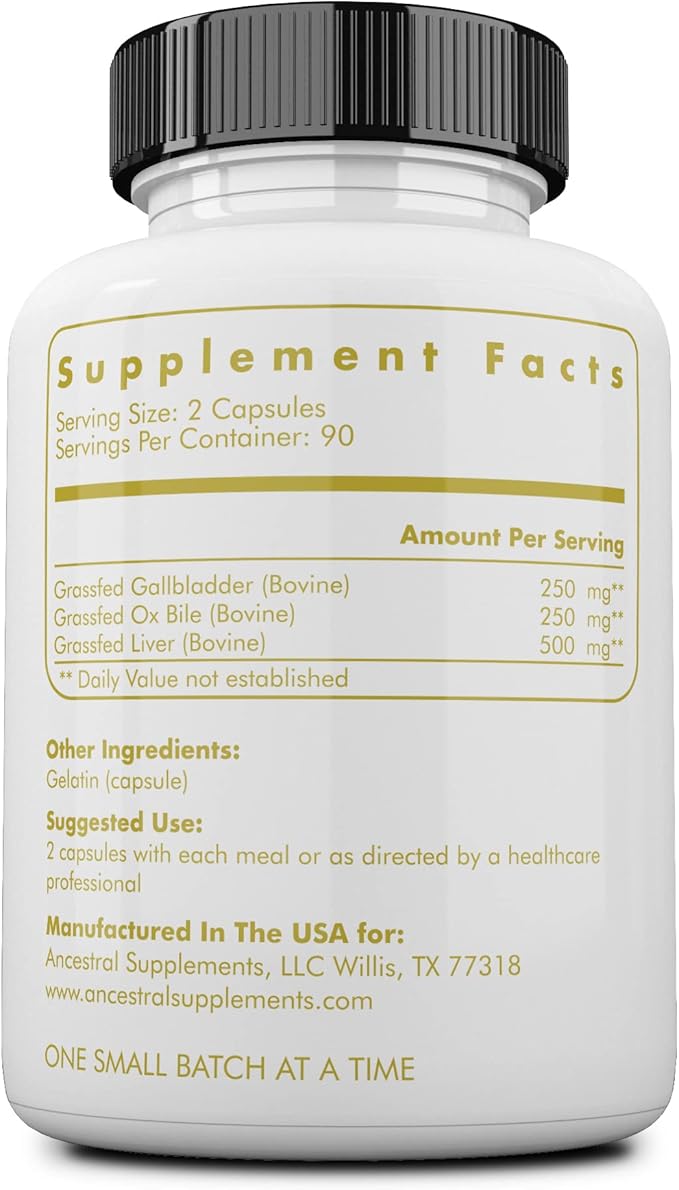 Ancestral Supplements Grass Fed Beef Gallbladder Supplements with Ox Bile and Liver, 500mg, Liver and Gallbladder Support Complex Promotes Gallbladder & Digestive Health and Bile Flow, 180 Capsules