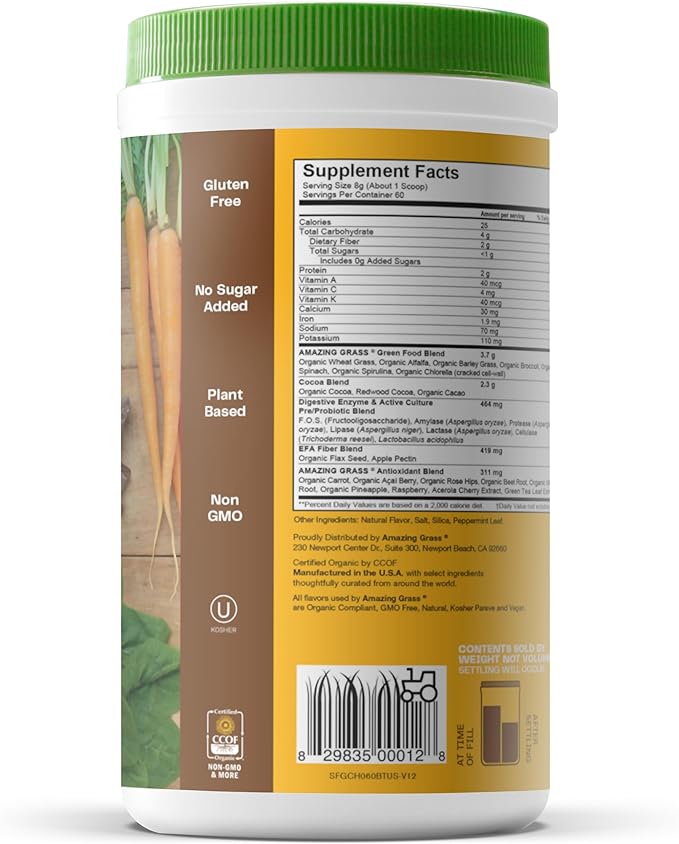 Amazing Grass Greens Superfood Powder: Greens Powder with Digestive Enzymes & Probiotics, Organic Spirulina, Chlorella, and Beet Root Powder, Chocolate, 60 Servings