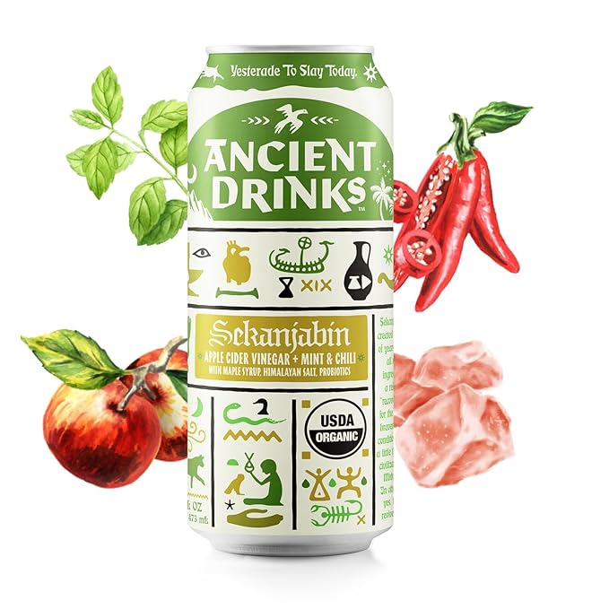 ANCIENT DRINKS Apple Cider Vinegar Beverage with Electrolytes, Vitamins, & Probiotics, Organic, Super-Hydrating Sports Drink - Sekanjabin (Mint & Chili) - 16 fl oz (12 cans)