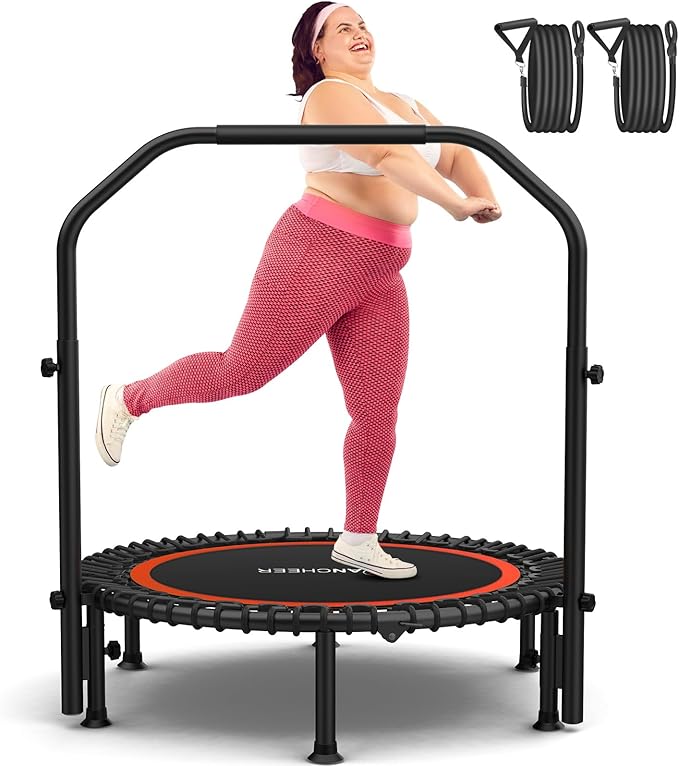 ANCHEER 40/48" Mini Trampoline with Upgraded Bungee Cords, 550LBS Capacity, Adjustable Foam Bar & Resistance Ropes, Indoor/Outdoor Rebounder for Adults