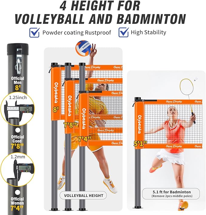 Outdoor Volleyball Badminton Combo Set with Net, Anti-Sagging Design, 4 Badminton Rackets, 3 Birdies and PU Volleyball for Backyard Lawn Beach