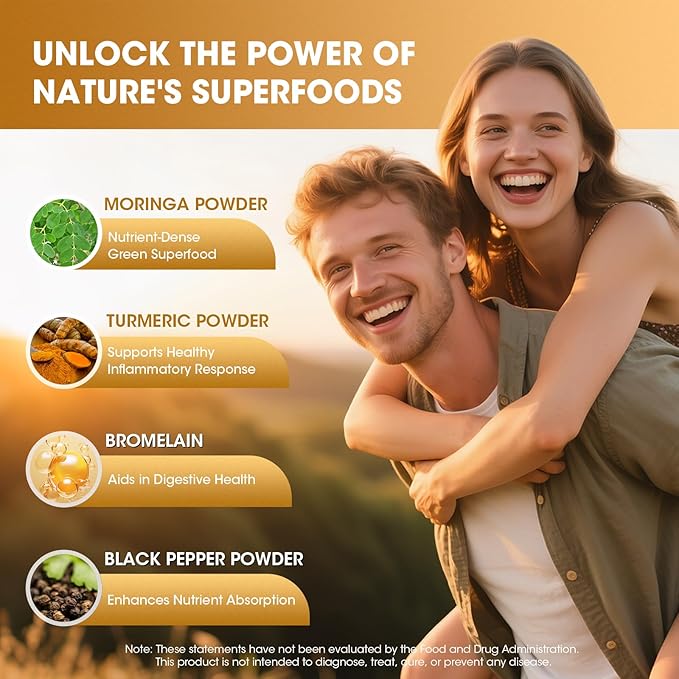 Moringa Capsules 10-in-1 Superfood Supplement β Turmeric Curcumin, Bromelain & Black Pepper β Supports Mobility & Recovery, Energy, Digestion, Immunity & Skin Vitality β Vegan, Non-GMO, Gluten-Free