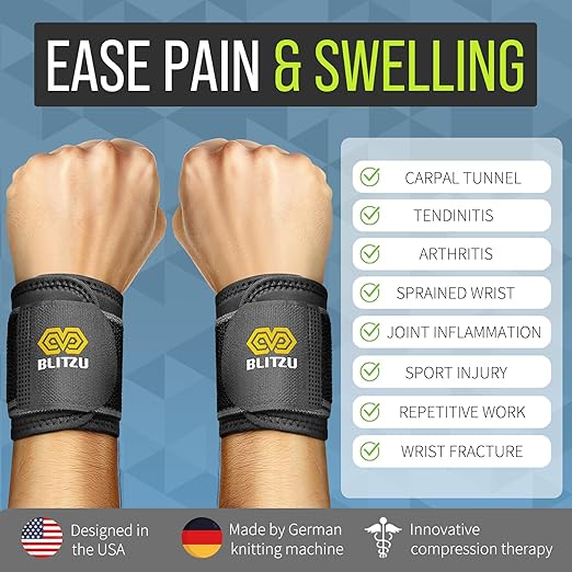BLITZU Carpal Tunnel Wrist Brace, 2 Pack Wrist Compression Straps for Pain Relief. Wrist Bands Support for, Tendonitis, Weightlifting, Working Out, Left and Right Hand Protection