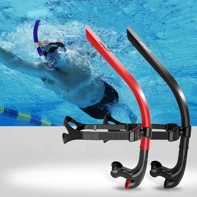 COPOZZ Swim Snorkel for Lap Swimming Swimmers Training Snorkeling Diving, Center Mount Comfortable Silicone Mouthpiece One-Way Purge Valve