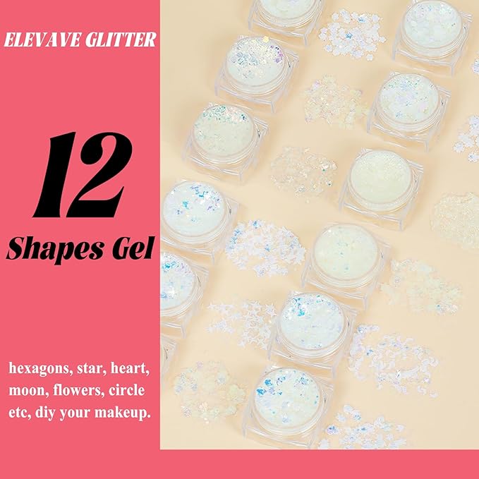 Body Glitter Face Glitter, Hair Glitter for Kids, 12 Shapes Fine Chunky Glitter Gel for Women Girls Makeup Sparkles Party Mermaid Sequins Rave Accessories Singer Concerts Festival (White Scheme)
