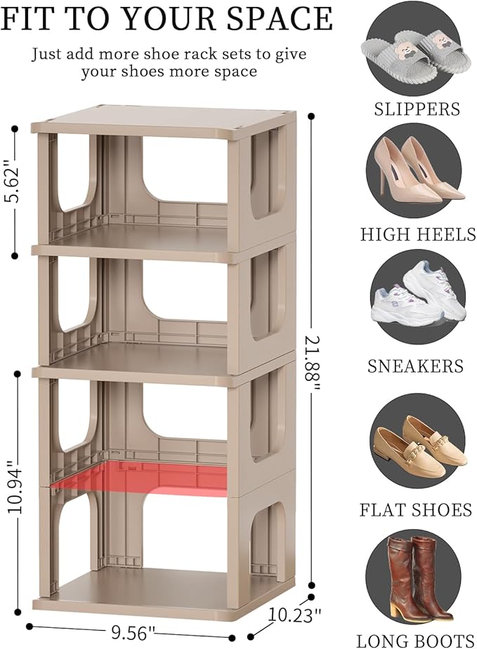 Narrow Shoe Rack - 5 Tiers Stackable Shoe Storage Stand for Entryway Hallway and Closet Durable Shoe Shelf Space Saving Boots Storage and Organization Stylish Small Shoe Cabinet No-Tool Assembly Khaki