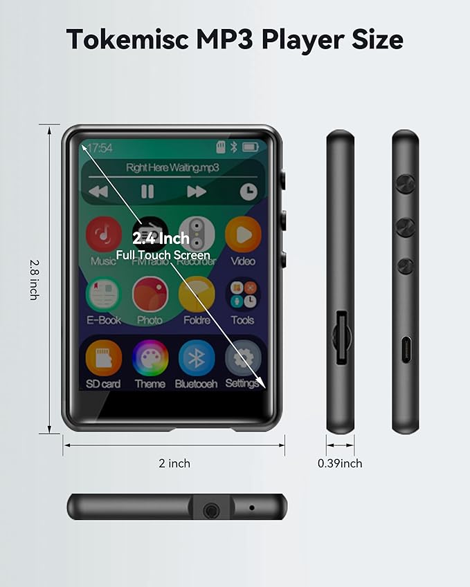 MP3 Player with Bluetooth 5.3,Tokemisc 16GB Full Touchscreen Kids Portable Music Device with Speaker,FM Radio,E-Book,Built-in Micro SD Card Slot,Earphones Included,Max 512GB Expand