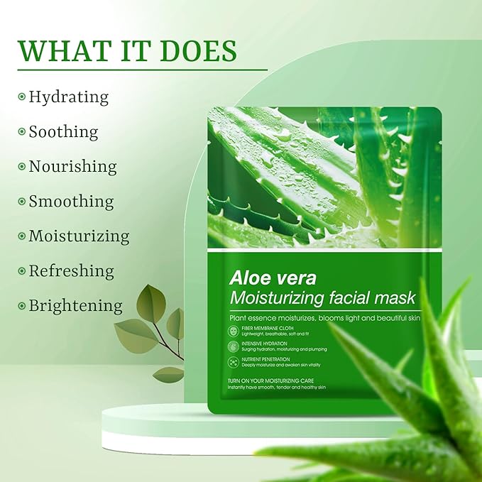 Aloe Vera Face Masks Skincare Soothing Face Mask Hydrating Face Masks Moisturizing Face Mask for Dry, Oil,Sensitive Skin, Aloe Face Sheet Masks for After Sun Care, Calming, Refreshing,10 Pack
