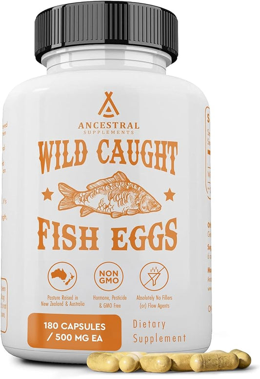 Ancestral Supplements Wild Caught Fish Eggs, 2400mg, Omega-3 Supplement Supports Brain, Heart, Fertility and Inflammatory Health, Whole Food Source of Vitamin D, K2, and A, Non-GMO, 180 Capsules