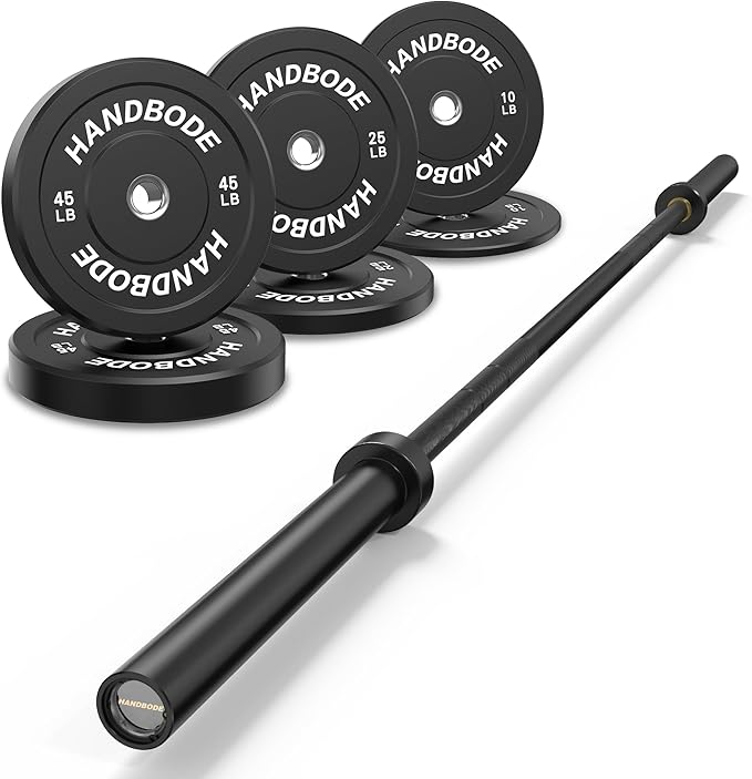 Olympic Bumper Plates Set 2 Inch, 10-55 lbs Rubber Weight Plates with 45 lb (20kg) Black/Silver Barbell, Strength Training & Weight Lifting for Home Gym