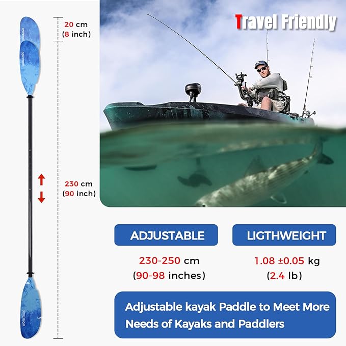 Angler Kayak Paddles Carbon Fiber Shaft and Plastic Blade, Floating Adjustable Fihsing Kayak Oars with Paddle Leash, 230-250cm/90-98 inch