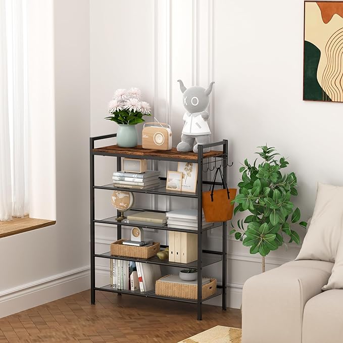 Refrze Shoe Rack for Front Door Entrance, 5 Tier Height-Adjustable Metal Shoe Rack, Sturdy Wooden Top and Tiltable Steel Frame Heavy Duty Shoe Organizer for Bathroom,Bedroom,Kitchen,Include Hook