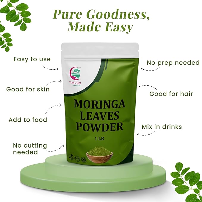 Moringa Powder 1 LB, 100% Pure & Natural Moringa Leaf Powder, Premium Quality for Smoothies & Tea, Resealable Bag for Freshness - By Yogiโs Giftยฎ
