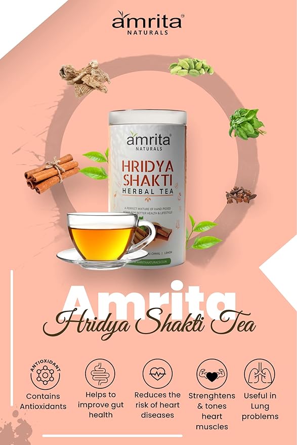 Amrita Naturals Hridya Shakti Herbal Tea – (500g) | Instant Arjun Bark Tea | Vegan, Gluten-Free | No Artificial Colors or Flavors | Natural Herbal Blend