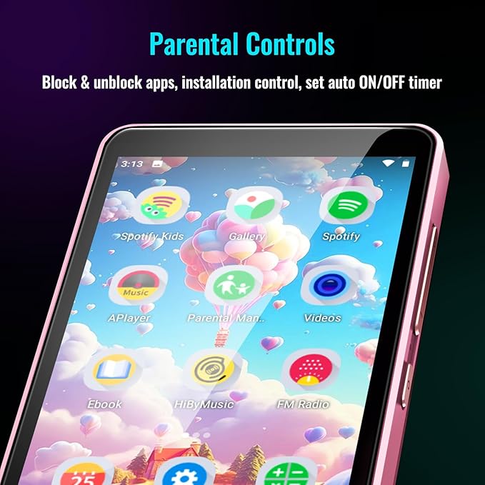MP3 Player for Kids with Spotify, Parental Controls, Spotify Kids, Audible, Amazon Music, Libby, 4.0” IPS Kids Music Player Up to 512GB (Pink)