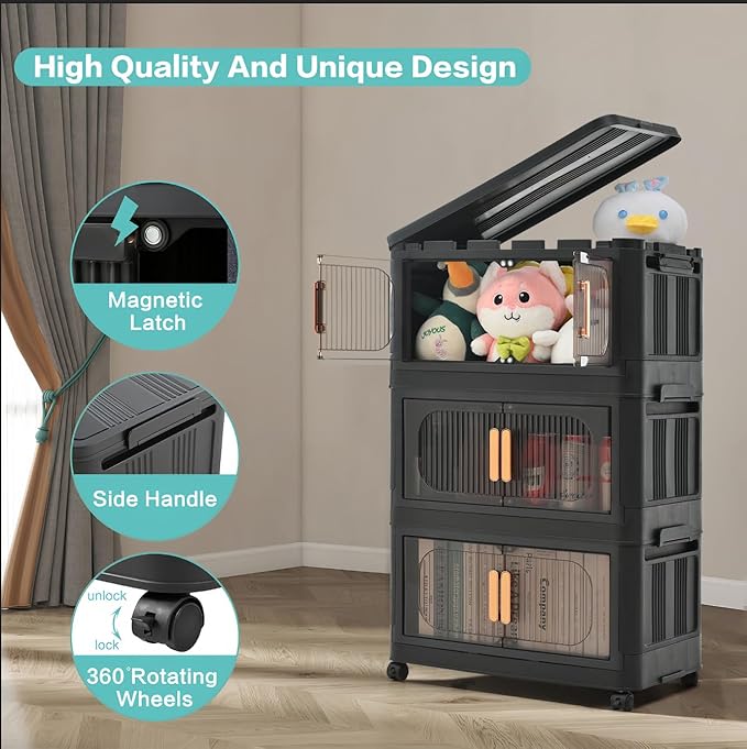 Holaki 156 QT Storage Bins with Lid, 4 Tiers Collapsible Closet Organizers, Stackable Plastic Storage Bins Cabinet Box with Wheels and Magnetic Door(Black)