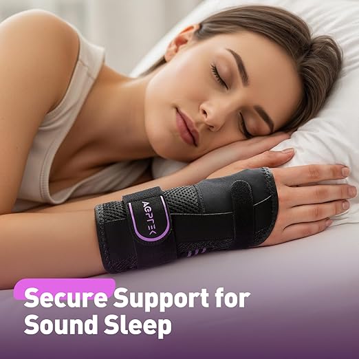 AGPTEK Carpal Tunnel Wrist Brace for Men Women, Night Sleeping Wrist Support with 2 Splints, Pain Relief Hand Brace for Arthritis Sprains Tendonitis, Adjustable Wrist Splint for Left Hand (L/XL, Black & Purple)