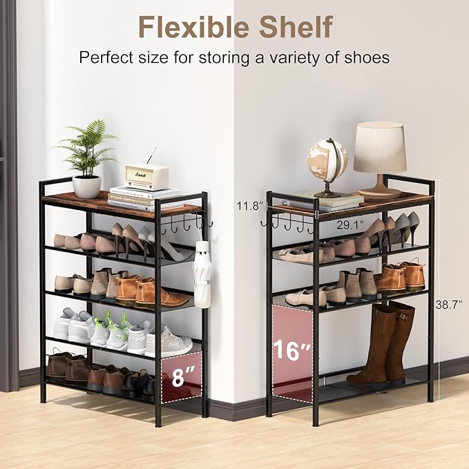 Refrze Shoe Rack for Front Door Entrance, 5 Tier Height-Adjustable Metal Shoe Rack, Sturdy Wooden Top and Tiltable Steel Frame Heavy Duty Shoe Organizer for Bathroom,Bedroom,Kitchen,Include Hook