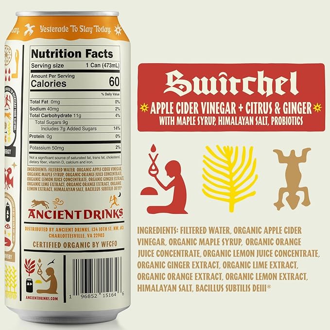 ANCIENT DRINKS Apple Cider Vinegar Beverage with Electrolytes, Vitamins, & Probiotics, Organic, Super-Hydrating Sports Drink - Switchel (Citrus & Ginger) - 16 fl oz (12 cans)