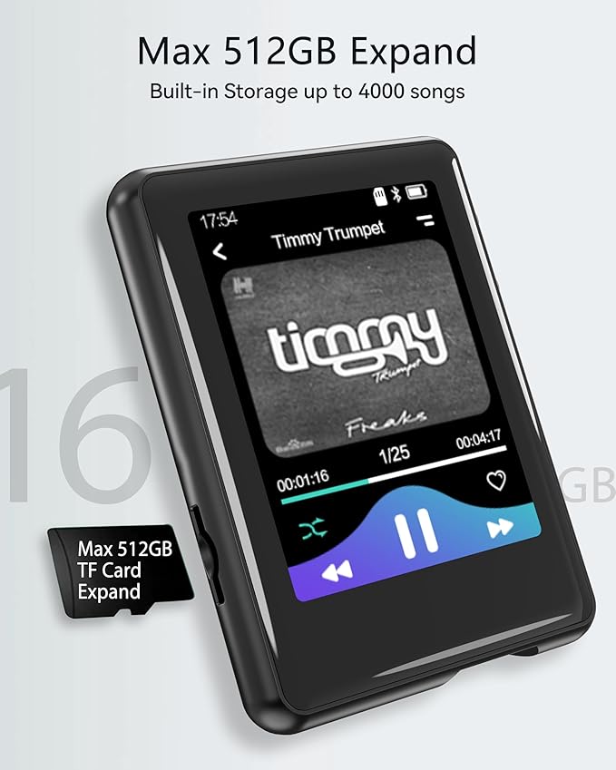 MP3 Player with Bluetooth 5.3,Tokemisc 16GB Full Touchscreen Kids Portable Music Device with Speaker,FM Radio,E-Book,Built-in Micro SD Card Slot,Earphones Included,Max 512GB Expand