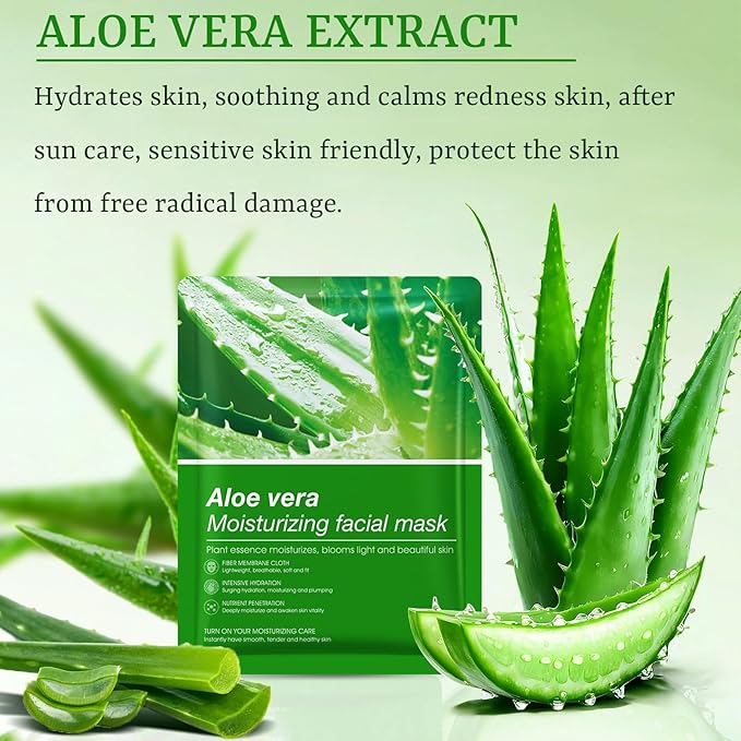 Aloe Vera Face Masks Skincare Soothing Face Mask Hydrating Face Masks Moisturizing Face Mask for Dry, Oil,Sensitive Skin, Aloe Face Sheet Masks for After Sun Care, Calming, Refreshing,10 Pack