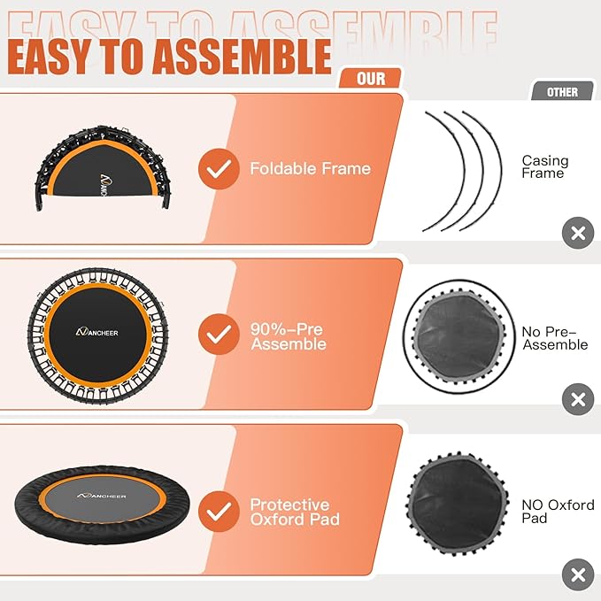 ANCHEER 40/48" Mini Trampoline with Upgraded Bungee Cords, 550LBS Capacity, Adjustable Foam Bar & Resistance Ropes, Indoor/Outdoor Rebounder for Adults