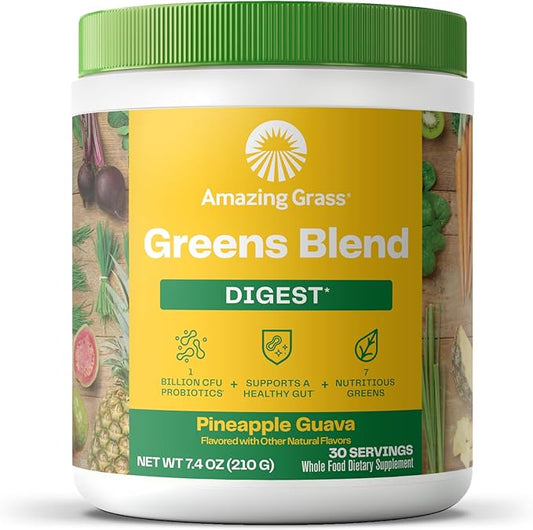 Amazing Grass Greens Blend Digest: Super Greens Powder Smoothie Mix for Digestion Support with Organic Spirulina, Chlorella, Beet Root Powder, Digestive Enzymes & Probiotics, 30 Servings