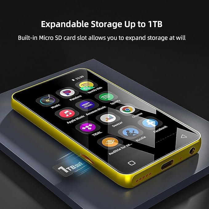 80GB MP3 Player with Bluetooth and WiFi, MP4 MP3 Player with Spotify,Spotify Kids,4" Full Touch Screen with Pandora, Music Player with Audible,Android MP3 with Speaker (Gold_Black)