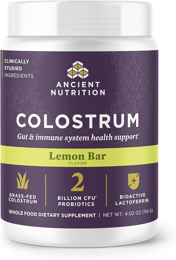 Ancient Nutrition Colostrum Superfood Powder, Grass Fed Bovine Colostrum, Supports Healthy Gut Microbiome and Immune System, Clinically Studied Lactoferrin & Probiotics, Lemon Bar, 60 Servings