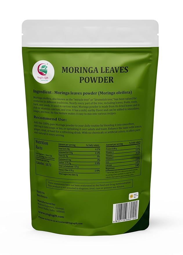 Moringa Powder 1 LB, 100% Pure & Natural Moringa Leaf Powder, Premium Quality for Smoothies & Tea, Resealable Bag for Freshness - By Yogiโs Giftยฎ