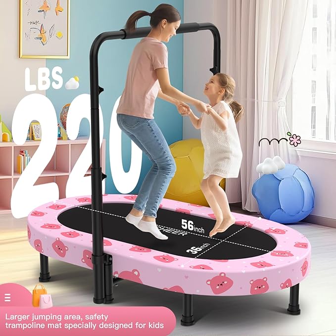 ANCHEER 56" Double Mini Trampoline for Kids, Mini Rebounder with 5-Level Adjustable Handle, Parent-Child Trampoline for Kids, Max Load 220lbs, Fun for Indoor/Outdoor