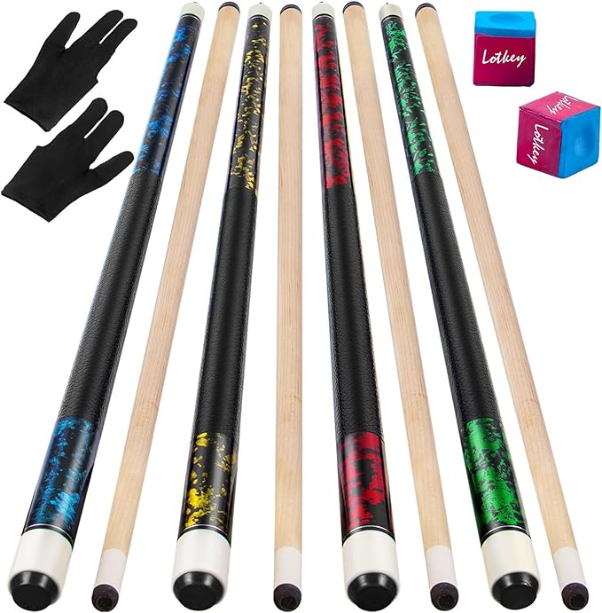 LOTKEY Pool Cue Set of 4-58 Inch 18~21 oz Canadian Maple Professional Billiard Cue Sticks, Pool Cue Stick with Extra 2 Pool Chalks, Pool Sticks for Adults, Durable, for Billiard Players