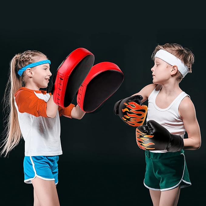 Odoland 3-in-1 Kids Youth Boxing Set - Punching Mitts, Kick Pads, Gloves for Boxing, Kickboxing, Karate, Muay Thai, MMA Training