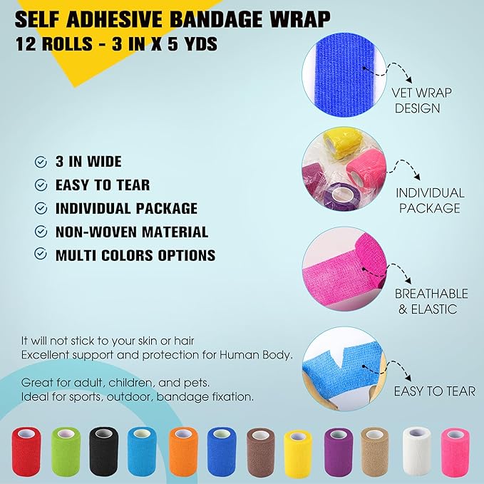 8 Pack Self Adhesive Bandage Wrap, 3 in x 5 Yards Non-Woven Self Adherent Cohesive Bandage, Vet Wrap Wound Tape for Thumb Finger Wrist Knee Ankle, Skin