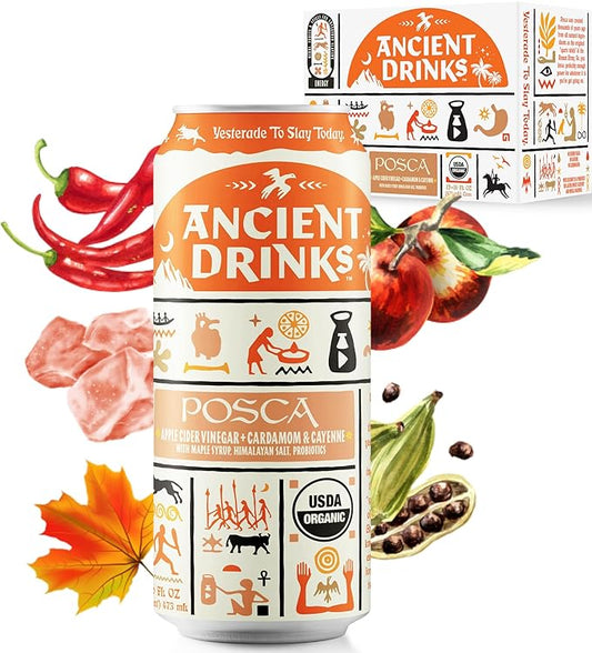 ANCIENT DRINKS Apple Cider Vinegar Beverage with Electrolytes, Vitamins, & Probiotics, Organic, Super-Hydrating Sports Drink - Posca (Cayenne & Cardamom) - 16 fl oz (12 cans)