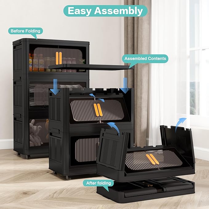 Holaki 117 QT Storage Bins with Lid, 3 Tier Collapsible Closet Organizers and Stackable Plastic Storage Bins Cabinet with Wheels and Magnetic Door (Black)